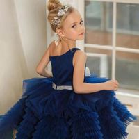 Meisje jurken marineblauw gelaagd één schouder prinses bloem boog verjaardag optocht raad de demoiselle eerste communie kleurrijk
