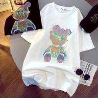 Magliette da donna con oversize pesante industria color rinestone orso donna a maniche corte sciolte 2023 wild moda casual mezzo topwomen's