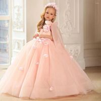 Девушка платья пухлый розовый цветочный балл платье принцесса свадебное платье для вечеринки первое причастие