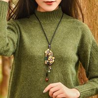 Подвесные ожерелья бронзовый цветок с длинным ожерельем квадратный деревянный винтажный этнический этнический свитер ручной работы