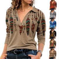Frauenpolos Damen Herbst/Winter T-Shirt Tops Digital Federn Print V-förmig Long-Langarm Mode Casual Lose Hedging Frauen T-Shirt