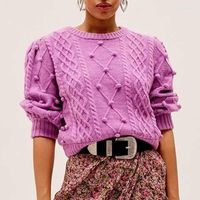 Women' s Sweaters Lilac Sweater Women Long Sleeve Pom Pu...