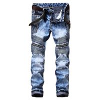 Jeans masculin New Men's Jeans Foreign Trade Europe et les États-Unis Slim Straight Tube Fold Locomotive Snow Snow Ripped Blue