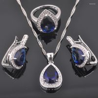 Necklace Earrings Set Blue Zirconia Water Drop Women' s S...