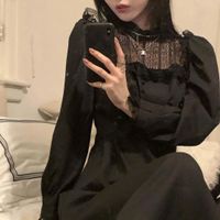 Sıradan Elbiseler Gotik Black Y2K Kadınlar Sonbahar Dantel Uzun Kollu Kore Partisi Zarif MIDI Kadın 230207