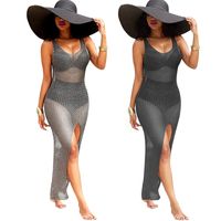 New Womens Designer Strandkleid Sommer sexy Hohlbluse Lange schwarze Kleider mit Gesäß und Big Cashew Nuts Bikini Badeanzug Abnutzung
