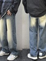 Мужчины джинсы Foufurieux Бэкги модная ретро -повседневная общепринятая уличная одежда для брюк с прямыми джинсовыми штанами Hip Hop 230207