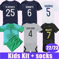 22 23 MBAPPE KIDS Kit Maglie da calcio Kimpembe Sergio Ramos a casa 3 ° 4 ° portiere camicie da calcio Verratti Draxler Icardi Bild Uniforms