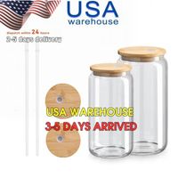 ABD Stock 16oz Cam Kupalar Yüceltme Boşlukları Buzlu Mason Kavanoz Kupa Kahve Çay Tumbers Bambu Kapak ve Plastik Saman