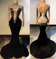 Vestidos de baile pretos de tamanho de luxo 2023 Mangas compridas altas vestidos de partido de sereia de cristal vestidos de ocasion formul￡rios