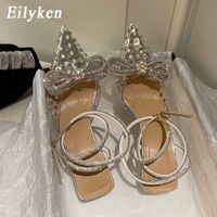Sandals Eilyken 2023 Spring Style PVC PVC شفافة كريستال فضية النساء مضخات Bowknot Lady Low High Heels Party Prom Shoes G230211