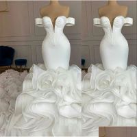 2023 Meerjungfrau Brautkleider Brautkleid von den Schultergurten Kapelle Zug Organza Satin Rüschen maßgeschneiderte Vestidos de Novia Plus Size