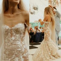 2023 vestidos de noiva de sereia com apliques florais 3D com al￧as