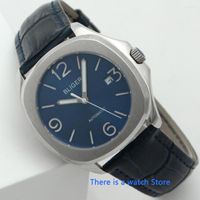 Montre-bracelets 40 mm blue cadran carré de montre automatique pour hommes en verre saphir vitre luminaire vitre en cuir bracelet
