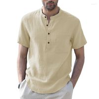 Camisas casuais masculinas Luclesam Henley de colarinho de henley e camisa de linho com mangas curtas Summer Tops simples camisetas masculinas