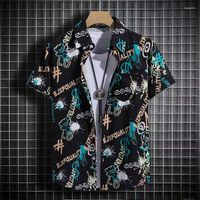 Camisas casuais masculinas verão de alta qualidade camisa 3d preto preto manga de lapela curta tamanho grande havai masculino de praia Design 2023