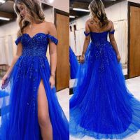 2023 Kraliyet Mavisi Balo Omuz Kayışları Sequins Applique Bir Hat Zemin Uzunluğu Yan Yarık Özel Yapımı Gece Elbise Formal Vesil