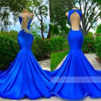 2023 Royal Blue Mermaid Veal Dresses Sleeveless equins Lace Sexy Backless Floor طول مخصص مناسبة رسمية ارتداء ثوب حفلة موسيقية عربية Vestidos