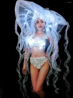 Bühnenbekleidung LED -Kristalle BH Hut sexy weiße Perlen Bikini Frauen Kostüm Nachtclub Bar Outfits Modell Catwalk DJ Performance Tanz