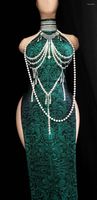Bühnenbekleidung Vintage Cheongsam 3D Print Grüne Perlen, ärmellose Split Long Kleid sexy Nachtclub Sänger Performance Kostüm