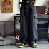 Men s Jeans Houzhou Pantalones holgados Pantalones de mezclilla masculina de la pierna ancha negra suelta de carga de calles coreanos 2302222222