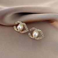 14K Gold Plated Stud Earrings Channel Pearl Diamond Drop Gol...