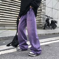 بنطلون جينز أرجوانية للرجال الربيع والخريف بشكل مستقيم سراويل فضفاضة كبيرة الحجم غير الرسمي سروال الساق العري