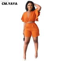 CM.YAYA Elegant Women's Two 2piece Set for 2022 Summer Solid Short Sleeve  Shirt and Shorts Matching Set Fitness Tracksuit Outfit