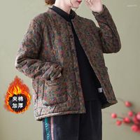 Kadın Ceketleri 2023 Vintage Baskılı Çift Cepler Peluş Kalınlanmış Pamuk Ceket Büyük Boyu Kadınlar Uzun Kollu Göğüslü Sıcak Polar