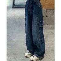 Jeans féminins bleu foncé vintage cargo printemps y2k streetwear lâche jean taille haute le jambe large 230224