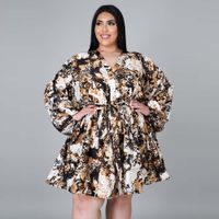 2023 Spring Automne Womens Plus Taille Robes en V-Neck Floral Primper Robe Hobe à manches longues HT2754 Fashion Fashion Tuck Robe Taille L-4xl