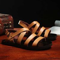Slippers 2023 Новые подлинные кожаные мужские сандалии летние туфли с открытыми руками в стиле рука