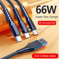 66W 5A 3 en 1 Cable de cargador USB Cable de carga súper rápido Compatible para dispositivos Tipo C de Android iPhone con cajas minoristas