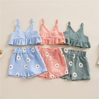 Conjuntos de roupas meninas terno 2023 verão moda infantil cor sólida babados colete estilingue shorts florais de duas peças