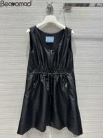 Abiti casual Designer Moda Estate Vintage Colore nero Mini abito Tasche senza maniche da donna Coulisse in vita elastica