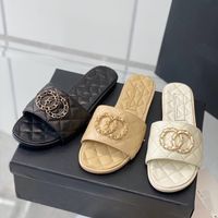 Beige Black Quilted Leather Slippers Brands Gold chain Buckl...