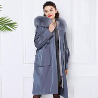 Trench feminina casacos grandes colares naturais com capuz de casaco longa parka feminino de pêlo real dentro do casaco