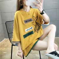여자 T 셔츠 2022 여름 중간 길이 티셔츠 한국어 느슨한 인쇄 대형 여성의 짧은 슬리브