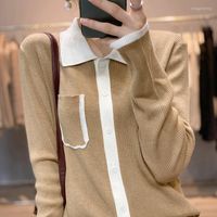 Knits de mujer Cardigan Cardigan de la moda de oto￱o de la moda Bloqueo de collar de manga larga Sweater S￩ter de punto delgado