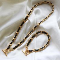 Necklace Earrings Set Leather Choker Chain OT Toggle Black B...
