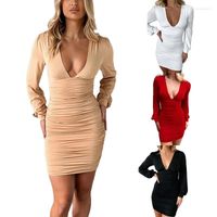 Lässige Kleider sexy Frau Kleid Langarm Solid Farbe Deep V-Ausschnitt Bodycon Slim Party Herbstkleidung