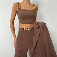 سروالين من قطعتين للسيدات 2pcs/مجموعة البانتات الدعاوى النسائية ملابس صلبة ألوان معدنية ستيف سترة أعلى مستقيمة على التوالي
