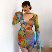 Vestidos informales para mujeres Tie Dye Tie Dye Manaje largo Sexy Deep con cuello en V Hollow Out Bodycon Corto Mini Lápiz Vestido