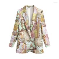여자 정장 여성 2022 패션 더블 가슴 넥타이 염색기 인쇄 블레이저스 코트 빈티지 긴 슬리브 포켓 여성 겉옷 세련된 탑