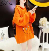 Frauenpullover Hsa koreanischer Stil mit Kapuzepullover und Pullover übergroße süße Katzen gedruckte Jumper Kawaii Long Strick Mantel