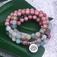 Bracelets de charme 8 mm Rhodochrosite naturel avec perles Amazonite givrées Bracelet Lotus Om Bouddha Yoga 108 Collier mala