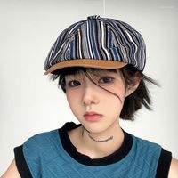 Bérets Retro Personnalité chapeaux sboy à rayures japonaises pour femmes style britannique petit brim octogonal chapeau avant-cassettes pour hommes béret