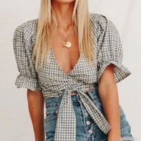 여자 T 셔츠 프랑스 스타일 v- 넥 짧은 퍼프 슬리브 그레이 격자 무늬 크롭 탑 티 섹시한 여름 크로스 보우 레이스 업 헴 라인
