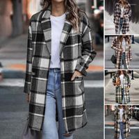 여자 재킷 여성 코트 싱글 가슴 긴 소매 미디 길이 느슨한 고전 따뜻한 격자 무늬 프린트 대비 컬러 스프링 의류