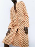 Robes décontractées Kumsvag 2022 Summer Femmes MIDI Shirts Robe Imprimement vintage V Velles de manches longues Vintage